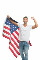 Freedom has never been free. Happy man celebrate independence day. American citizen hold american flag. Enjoying free life. Free expression of patriotism. July 4th. Free will of states