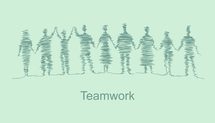 Teamwork and partnership. People standing in line freehand pencil sketch. Hand drawn vector illustration