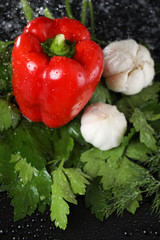 Vertical view of red sweet paprika and white garlic under the water drops in a black background. Healthy lifestyle.