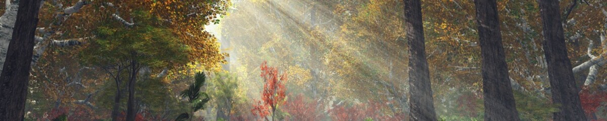 Forest in the fog in autumn, morning in the autumn forest, trees in the haze, trees in the sunlight, 3D rendering