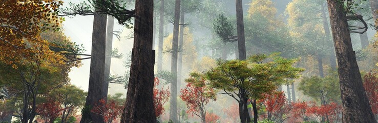 Naklejka premium Forest in the fog in autumn, morning in the autumn forest, trees in the haze, trees in the sunlight, 3D rendering
