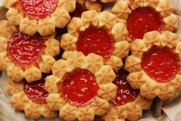 Delicious fresh cookies with strawberry jam macro