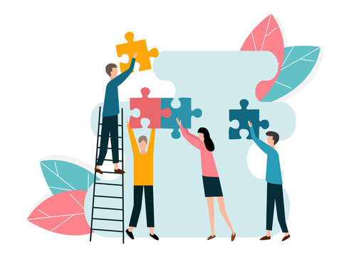 Team Members Working Together To Achieve Common Goal, Doing Puzzle Together, Vector Illustration In Flat Style