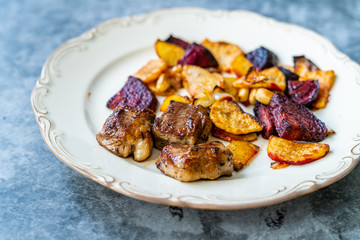 Lamb Steak with Roasted Baked Beet Slices and Potatoes / Turkish Kuzu Lokum or Delight served with Plate.