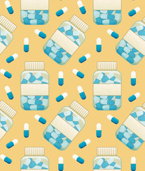 Bottles with oval capsule pills seamless pattern on yellow background