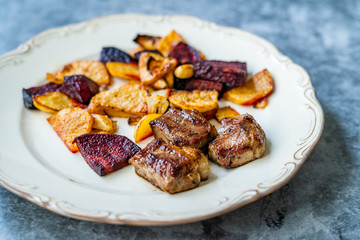 Lamb Steak with Roasted Baked Beet Slices and Potatoes / Turkish Kuzu Lokum or Delight served with Plate.