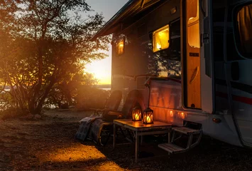 Foto op Canvas RV Camper Van Camping Warm Night © Tomasz Zajda