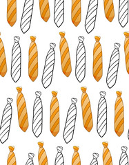 Orange flat style and black outline style neckties with strips print seamless pattern on white background