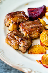 Lamb Steak with Roasted Baked Beet Slices and Potatoes / Turkish Kuzu Lokum or Delight served with Plate.