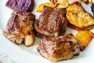 Lamb Steak with Roasted Baked Beet Slices and Potatoes / Turkish Kuzu Lokum or Delight served with...