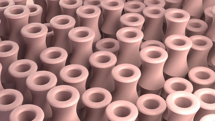 3d render. Abstract background with pink cylinders. Pink deform tubes with holes.