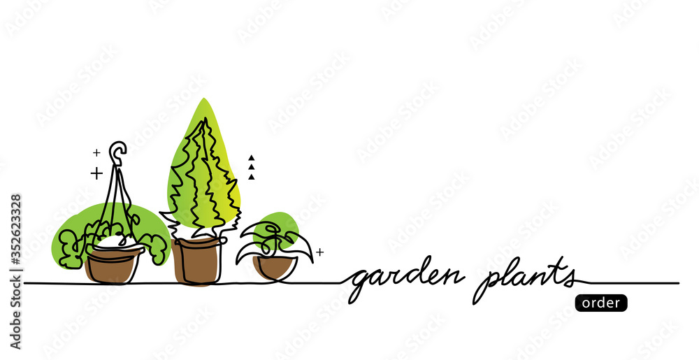 Wall mural garden plants in the pots vector sketch, web banner, illustration, background. one continuous line d - Wall murals
