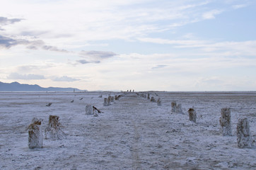 Looking down the long walkway of the old great salt lake salty pier post ruins in the evening light. 