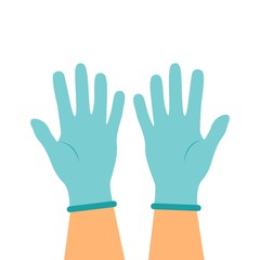 Hands putting on protective blue gloves. Latex gloves as a symbol of protection against viruses and bacteria. Precaution icon. Vector illustration flat design. Isolated on white background.