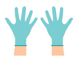 Hands putting on protective blue gloves. Latex gloves as a symbol of protection against viruses and bacteria. Precaution icon. Vector illustration flat design. Isolated on white background.