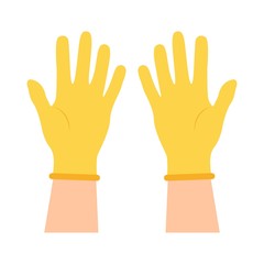 Hands put on protective yellow gloves. Latex gloves as a symbol of protection against viruses and bacteria. Safety icon. Vector illustration flat design. Isolated on a white background.