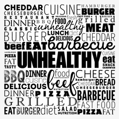 UNHEALTHY word cloud collage, fast food concept background