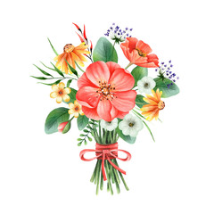 Watercolor hand painted bouquet with red rosehip, allium, helenium, leaves. Flower design for label, planer, sticker, wedding invitation, save the date or greeting. Isolated on white background.