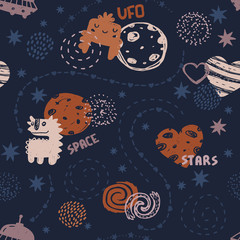 Seamless cute space pattern. It is good for baby clothes, baby bedding, wallpapers, notebook covers, etc.