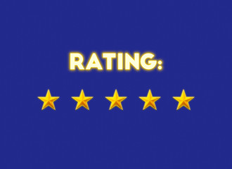 A five-star vote illustration, with glowing golden shapes and the word rating.
