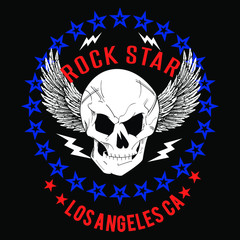 Vector design for t-shirt of a skull with white wings, with a circle of red stars and yellow letters on a black background.