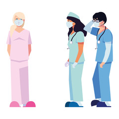 female and male doctors with uniforms and masks vector design