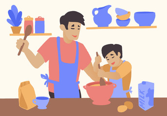 Happy family cooking. Little baby boy son and his dad cooking together.