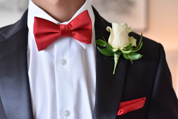 red bow tie Groom in a suit with a red bow-tie.

