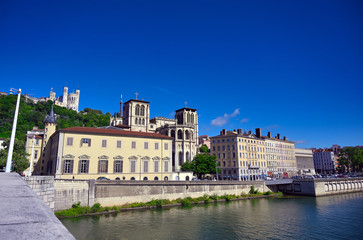The Basilica of Notre Dame de Fourviere overlooking Lyon, France and the Saone River.