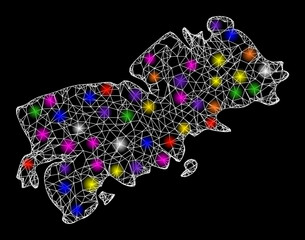 Web mesh vector map of Shikotan Island with glitter effect on a black background. Abstract lines, light spots and spheric points form map of Shikotan Island constellation.