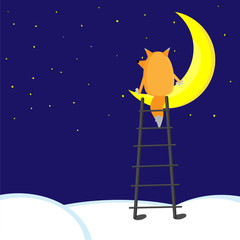 Cartoon fox seating on half moon on midnight. Fox dreaming and thinking about everything. Stars on sky and stair on clouds
