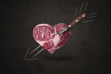 Heart shaped meat with drawn arrow, concept of love for meat and grilling, passion for grilled meat, symbol of love and cupid, illustration - 352631148