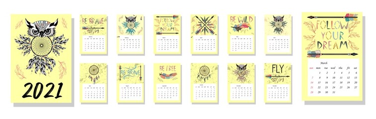 Colorful cute monthly boho calendar 2021 with dream catchers, boho owls, arrows, feathers, inspirational inscriptions.