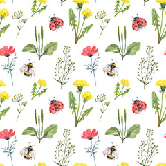 Summer wildflower seamless pattern. Watercolor dandelion flowers, red cosmos, green herbs, weed, bee, ladybug on white background. Floral botanical print for design. Hand painted meadow illustration © Anna Nekotangerine