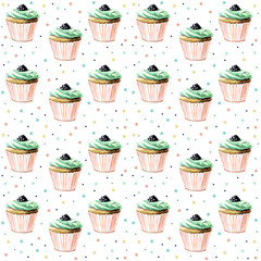 Watercolor seamless pattern of cupcakes with blackberries and with mint or pistachio cream on a white background. 