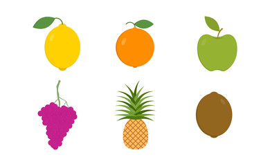 Set of colorful cartoon fruit icons: apple, orange, pineapple, grapes, kiwi, lemon. Vector illustration, isolated on white.