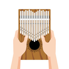 Kalimba a 17 key thumb Piano. Hands holding and play African musical instrument. Finger pocket portable piano. Vector cartoon flat style illustration isolated on white background