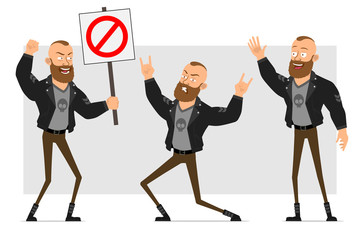Cartoon flat funny strong bearded punk hooligan with mohawk in leather jacket. Ready for animation. Boy showing rock and roll, hello and no entry sign. Isolated on gray background. Vector icon set.
