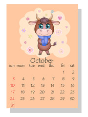 Calendar 2021. Cute bull and cow for October.