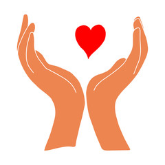 Obraz premium Dark-skinned hands hold the heart.Two palms.Flat illustration.Love and happiness.Valentine's day.Day of lovers.Wedding.Vector illustration.