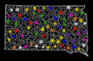 Web mesh vector map of South Dakota State with glare effect on a black background. Abstract lines, light spots and dots form map of South Dakota State constellation.