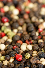 Soft focus photo of mixed peppercorns. Spices background.
