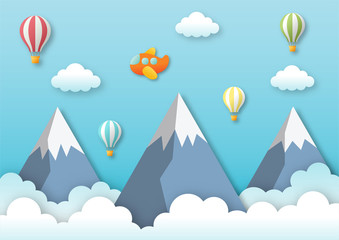 airplane flying in blue sky with balloon and mountain. paper art travel background. vector Illustration.