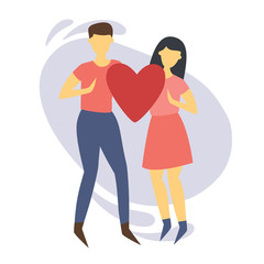 A couple in love characters in a trendy flat style. Vector illustration of characters isolated on a white background. Young people a guy and a girl holding a heart in their hands on an abstract