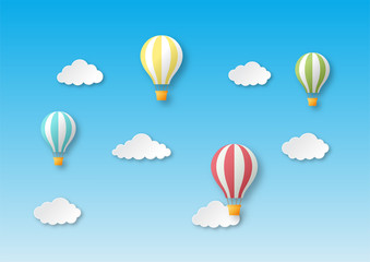 paper art style travel with balloon flying background. vector Illustration.