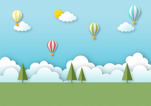 field landscape with balloon flying in blue sky. paper art travel background. vector Illustration.