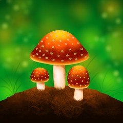 Fly Agaric mushrooms on green grass blurred background with glowing effect illustration.