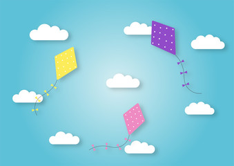 paper art style kites flying in sky background. vector Illustration.