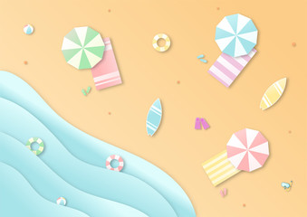 hello summer with beach landscape background. paper art style. vector Illustration.