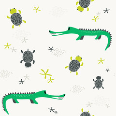 Childish seamless pattern with crocodile and turtle. Creative vector childish background for fabric, textile